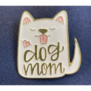 NWOT White Enamel Proud Dog Mom Lapel Pin Brooch Pink Tongue Happy Loved Puppy